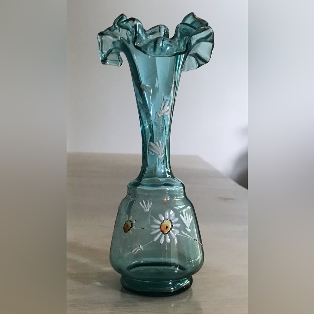 Vintage Hand-painted Petite Blue Glass Bud Vase